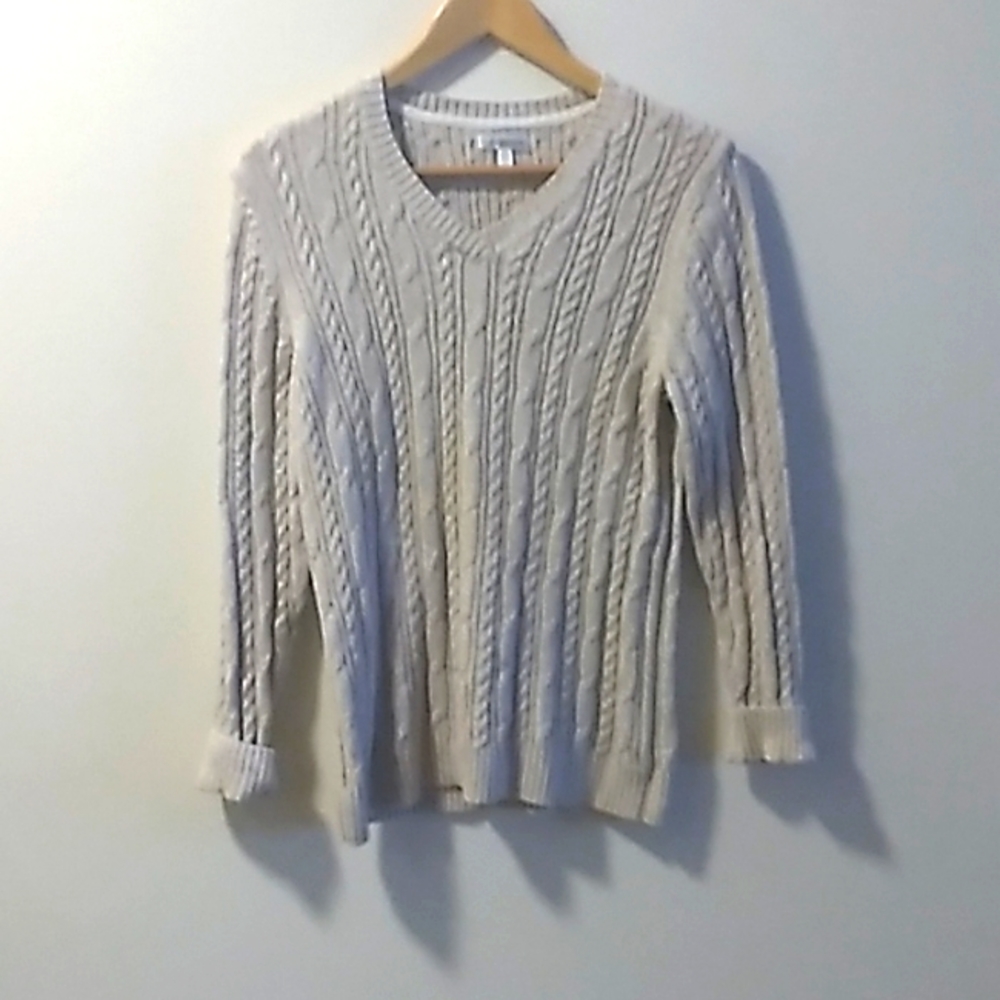 🔴 Croft&Barrow Creme Fisherman's Knot Knit Sweater 100% Cotton Large